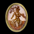 BAGUE
En or 18 cts et sertie d'une large intaille sur agate représentant Poséidon nu sur un coquillage dans la mer. Le dieu tient le trident et son d...