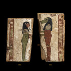 FRAGMENT DE CUVE DE SARCOPHAGE 
En bois stuqué
FRAGMENT DE CUVE DE SARCOPHAGE 
En bois stuqué polychrome, figurant Douamoutef, l'un des 4 fils d'Ho...