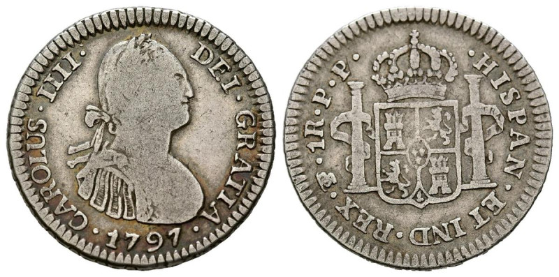 CARLOS IV (1788-1808). 1 Real. (Ar. 3,34g/21mm). 1797. Potosí PP. (Cal-2019-470)...