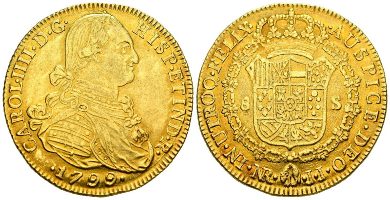 CARLOS IV (1788-1808). 8 Escudos (Au. 26,99g/36mm). 1799. Nuevo Reino JJ. (Cal-2...