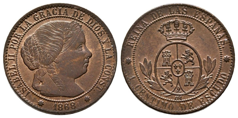 ISABEL II (1833-1868). 1 Céntimo de Escudo. (Ae. 2,51g/18mm). 1868. Barcelona OM...