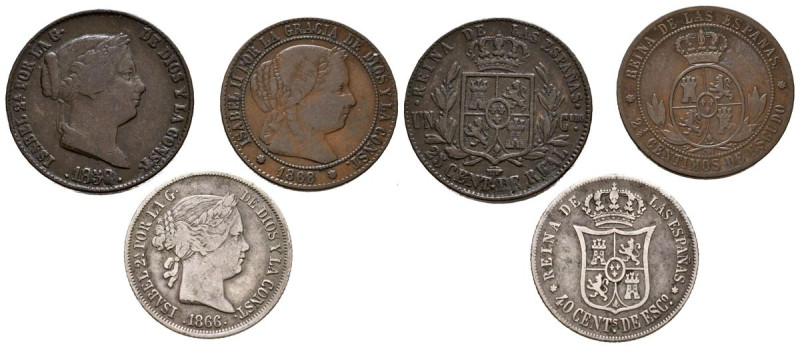 ISABEL II (1833-1868). Conjunto de 3 monedas de diferentes módulos: 25 Céntimos ...