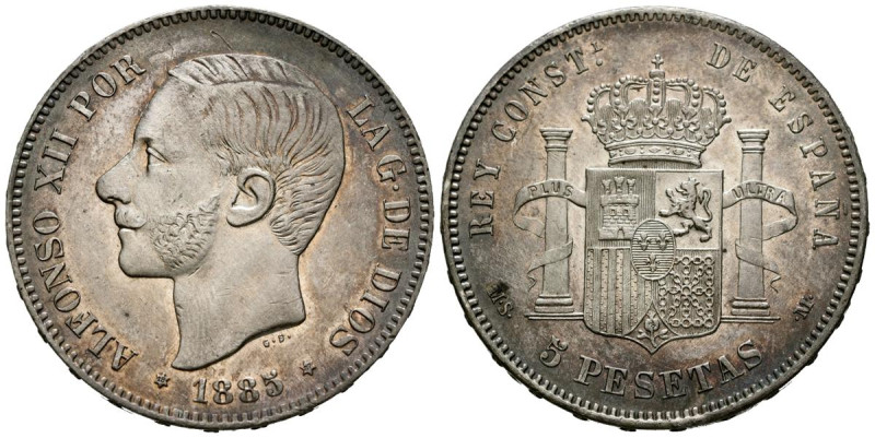 ALFONSO XII (1874-1885). 5 Pesetas. (Ar. 24,97g/38mm). 1885 *18-87. Madrid MSM. ...