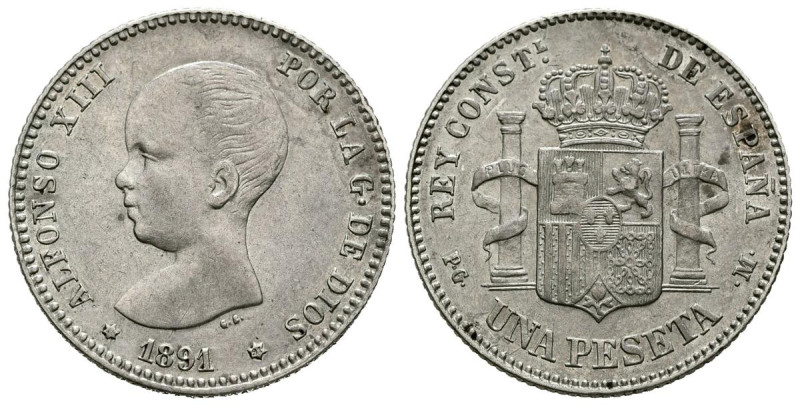 ALFONSO XIII (1885-1931). 1 Peseta. (Ar. 4,98g/23mm). 1891 *18-91. Madrid PGM. (...