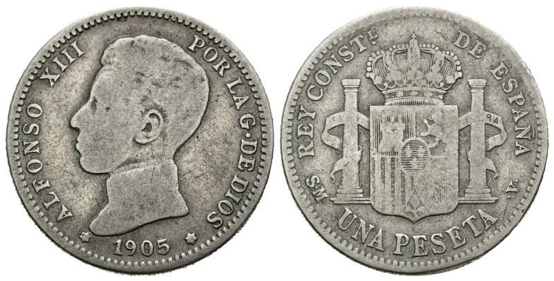 ALFONSO XIII (1885-1931). 1 Peseta. (Ar. 4,67g/23mm). 1905 *19-05. Madrid SMV. (...