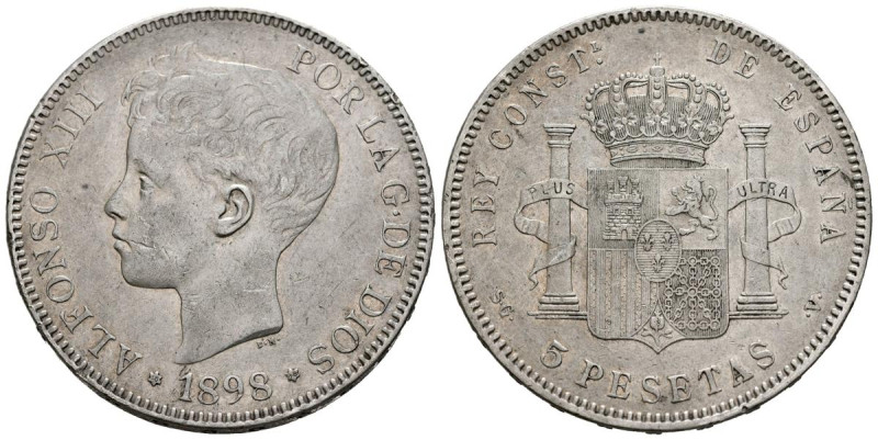 ALFONSO XIII (1885-1931). 5 Pesetas. (Ar. 25,14g/37mm). 1898 *18-98. Madrid SGV....