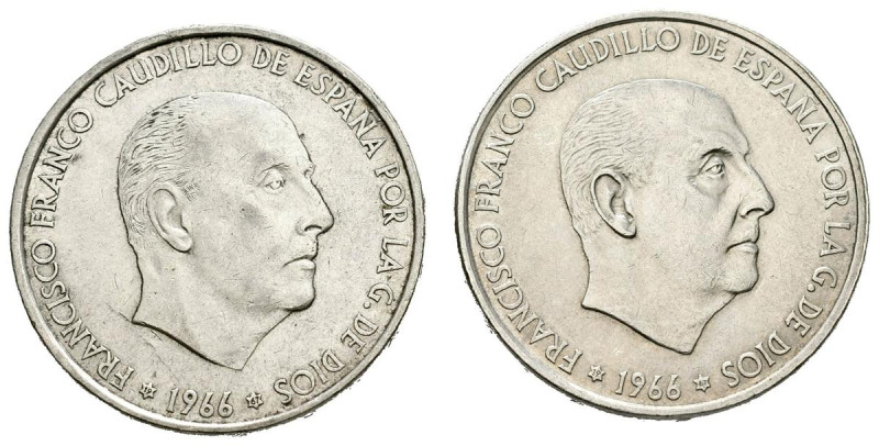 ESTADO ESPAÑOL (1936-1975). Pareja de 100 Pesetas en plata de 1966 (*67). Difere...