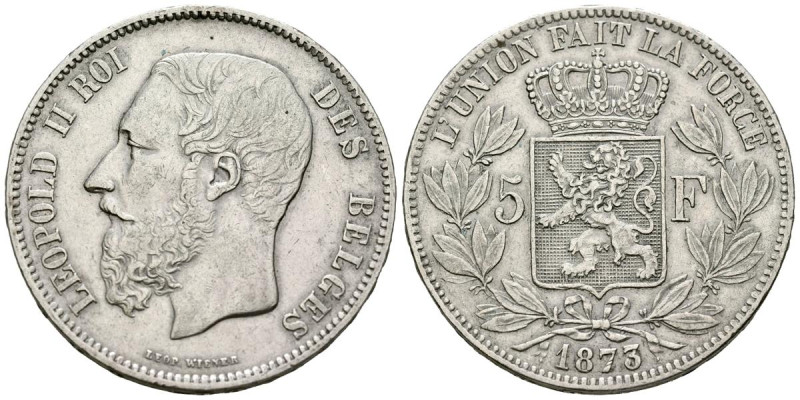 BÉLGICA. 5 Francos. (Ar. 24,88g/37mm). 1873. Leopoldo II. (Km#24). MBC.