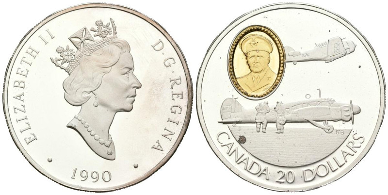 CANADÁ. 20 Dollars. (Ar. 30,96g/38mm). 1990. Serie Aviación: Robert Leckie y avi...