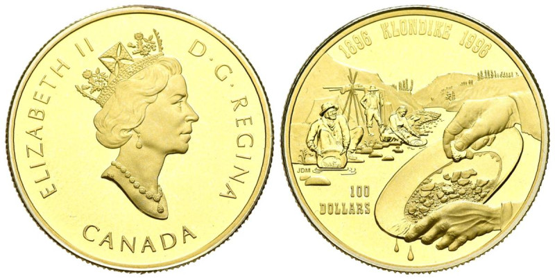 CANADÁ. 100 Dollars (Au. 13,41g/27mm). 1996. Centenario Klondike. Buscadores de ...