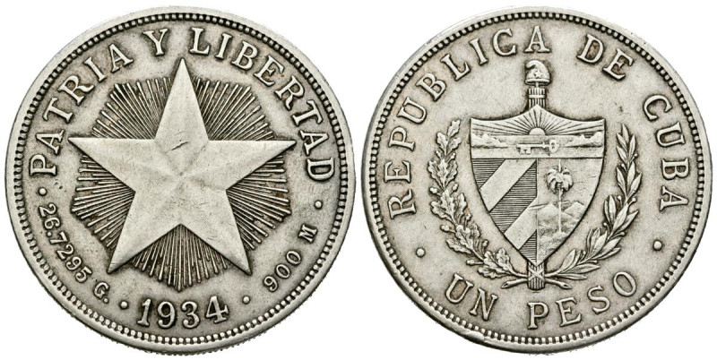 CUBA. 1 Peso. (Ar. 26,76/38mm). 1934. (Km#15.2). MBC+.