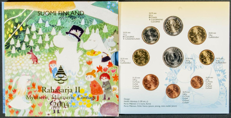 FINLANDIA. Cartera oficial con 8 valores (incluye moneda de 2 Euros conmemorativ...