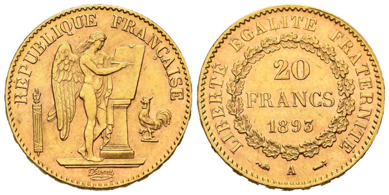 FRANCIA. 20 Francos (Au. 6,45g/21mm). 1893. III República. París A. (Km#825). EB...