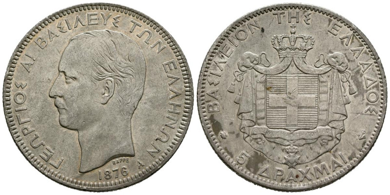 GRECIA. 5 Dracmas. (Ar. 24,96g/38mm). 1876. Jorge I. París A. (Km#46). MBC+.