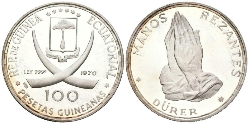 GUINEA ECUATORIAL. 100 Pesetas Gineanas (Ar. 19,85g/40mm). 1970. Dürer. Manos Re...