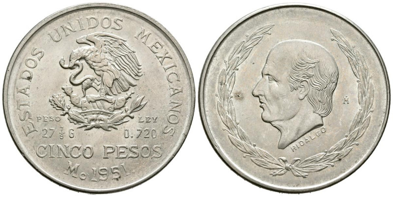 MÉXICO. 5 Pesos. (Ar. 27,69g/40mm). 1951. Hidalgo. (Km#467). EBC. Leves rayitas....