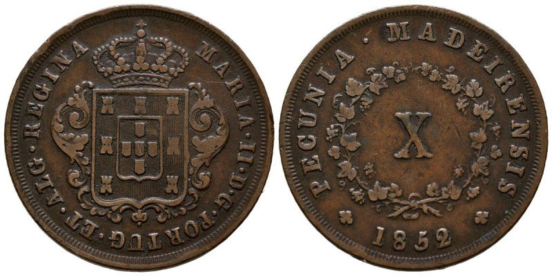 PORTUGAL, María II. X Reis. (Ae. 11,87g/33mm). 1852. Madeira. (Gomes 02.04). MBC...