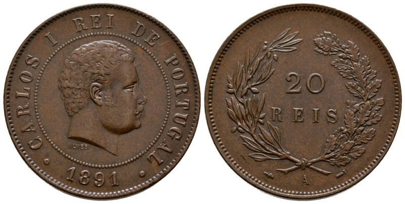 PORTUGAL. 20 Reis. (Ae. 11,96g/25mm). 1891. París A. Carlos I. (Gomes 03.03). EB...