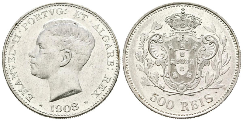 PORTUGAL, Manuel II. 500 Reis. (Ar. 12,50g/30mm). 1908. (Gomes 04.01). MBC+.