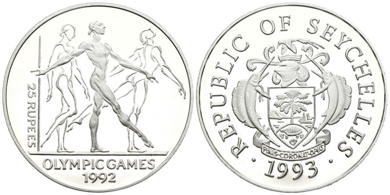 SEYCHELLES. 25 Rupias. (Ar. 31,28g/39mm). 1993. Juegos Olímpicos Barcelona 92. (...