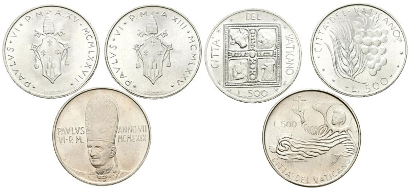 VATICANO. Conjunto de 3 monedas en plata de 500 Liras acuñadas en los años 1969,...