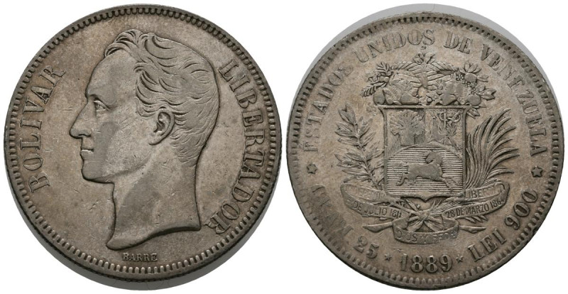 ESTADOS UNIDOS DE VENEZUELA. 5 Bolívares (Ar. 24,90g/37mm). 1889. Caracas. (Km#Y...