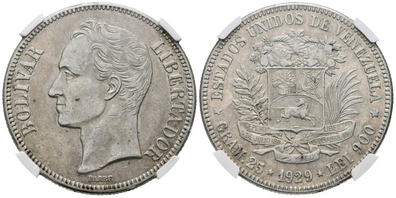 ESTADOS UNIDOS DE VENEZUELA. 5 Bolívares. (Ar. 25,00g/37mm). 1929. Philadelphia....