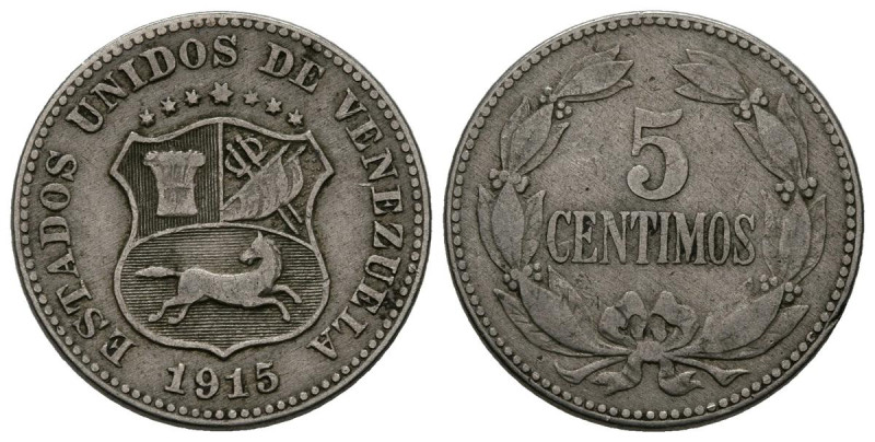 ESTADOS UNIDOS DE VENEZUELA. 5 Céntimos (CuNi. 2,38g/19mm). 1915 (primer año de ...