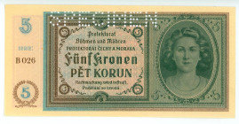 Bohemia & Moravia 5 Korun 1940 (ND) Specimen
P# 4s, N# 207302; # B026; UNC