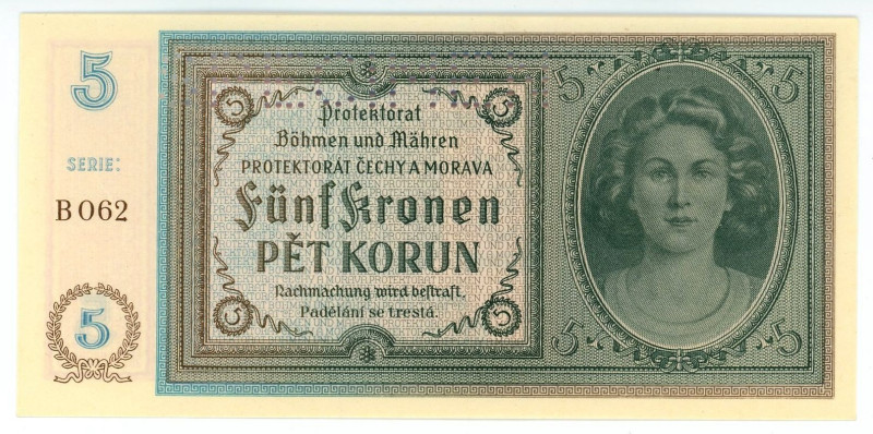 Bohemia & Moravia 5 Korun 1940 (ND) Specimen
P# 4s, N# 207302; # B062; UNC