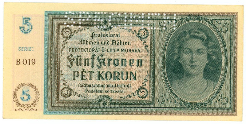 Bohemia & Moravia 5 Korun 1940 (ND) Specimen
P# 4s, N# 207302; # B019; XF