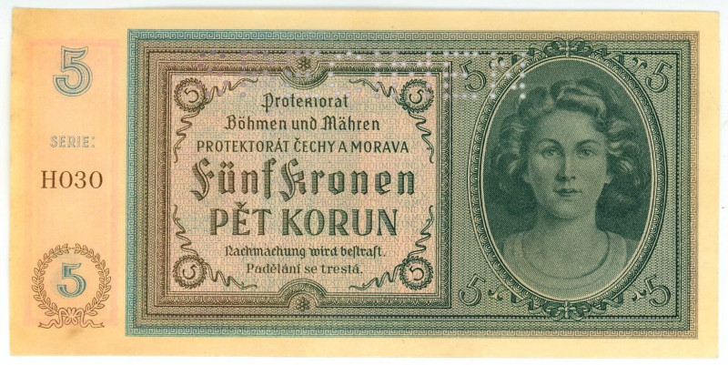 Bohemia & Moravia 5 Korun 1940 (ND) Specimen
P# 4s, N# 207302; # H030; XF+