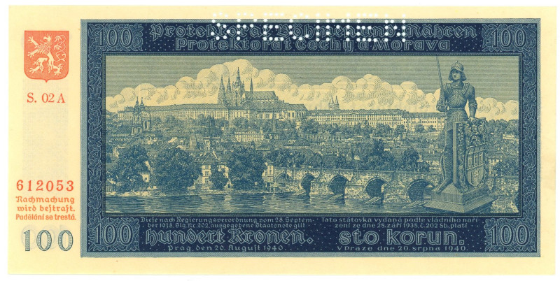 Bohemia & Moravia 100 Korun 1940 Specimen
P# 7s, N# 204546; # 02A 612053; UNC