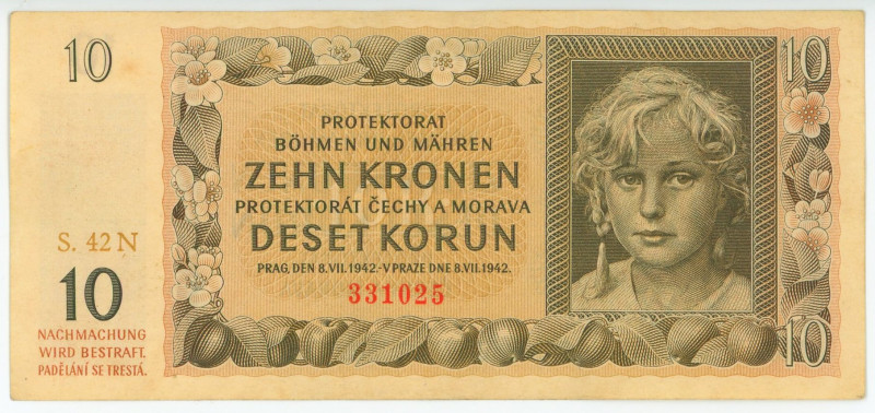 Bohemia & Moravia 10 Korun 1942
P# 8a, N# 207305; # 42N 331025; AUNC