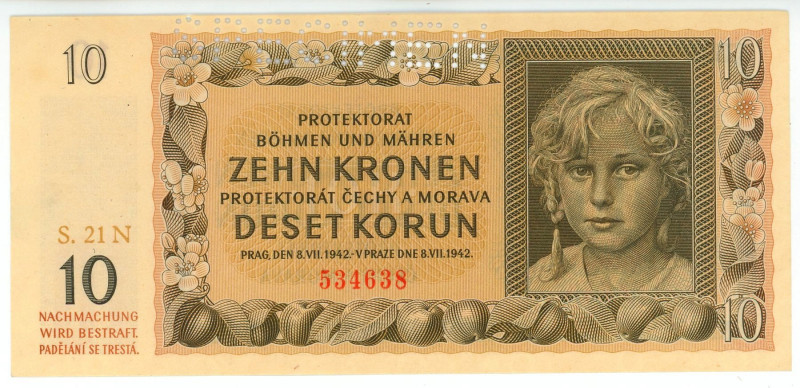 Bohemia & Moravia 10 Korun 1942 Specimen
P# 8s, N# 207305; # S.21 N 534638; UNC