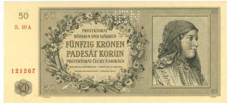 Bohemia & Moravia 50 Korun 1944 Specimen
P# 10s, N# 239611; # S. 10A 121267; AU...