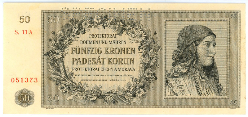 Bohemia & Moravia 50 Korun 1944 Specimen
P# 10s, N# 239611; # S. 11A 051373; UN...