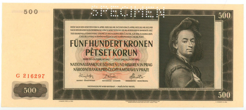 Bohemia & Moravia 500 Korun 1942 Specimen
P# 11s, N# 205204; # G 216297; AUNC