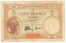 New Caledonia 5 Francs 1926 (ND)
P# 36b, N# 216078; # E.63 827; F+