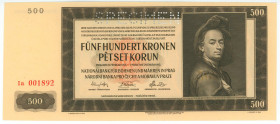 Bohemia & Moravia 500 Korun 1942 Specimen
P# 12s, N# 201690; # Ia 001892; UNC