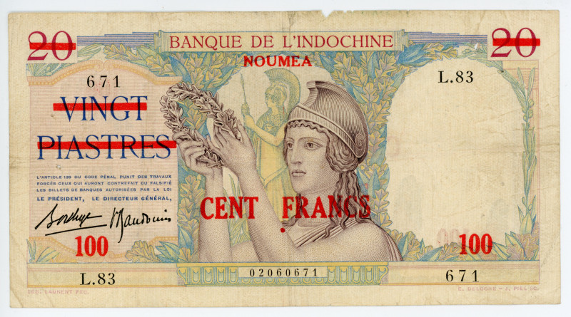 New Caledonia 100 Francs on 20 Piastres 1939 (ND)
P# 39, N# 334501; # L.83 0206...