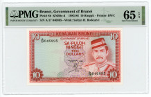 Brunei 10 Ringgit 1983 - 1986 PMG 65 EPQ
P# 8b, N# 218117; # A/17 046895; UNC