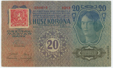 Czechoslovakia 20 Korun 1919
P# 2, N# 217463; # 1013 064615; Adhesive Stamp "Red 20 Haleru"; VF