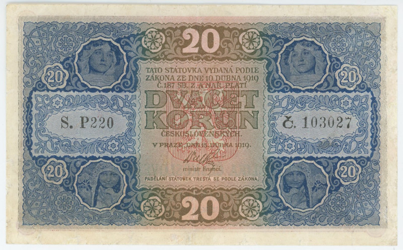 Czechoslovakia 20 Korun 1919
P# 9a, N# 218571; # 220 103027; VF with repair and...