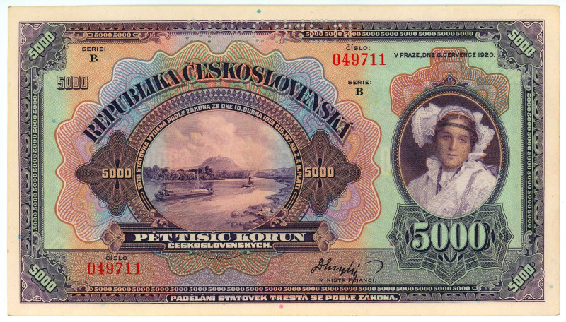 Czechoslovakia 5000 Korun 1920 Specimen
P# 19s, N# 285406; # B 049711; AUNC-