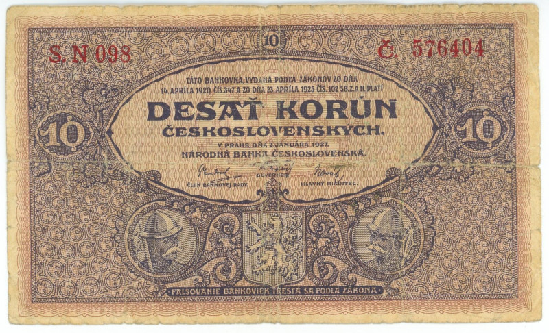 Czechoslovakia 10 Korun 1927
P# 20a, N# 207299; # 098 576404; F-
