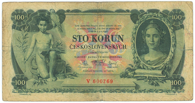 Czechoslovakia 100 Korun 1931
P# 23a, N# 222208; # V 600769; One letter serial ...