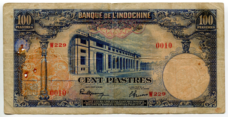 French Indochina 100 Piastres 1946 (ND)
P# 79a, N# 292407; # W229 0010; F