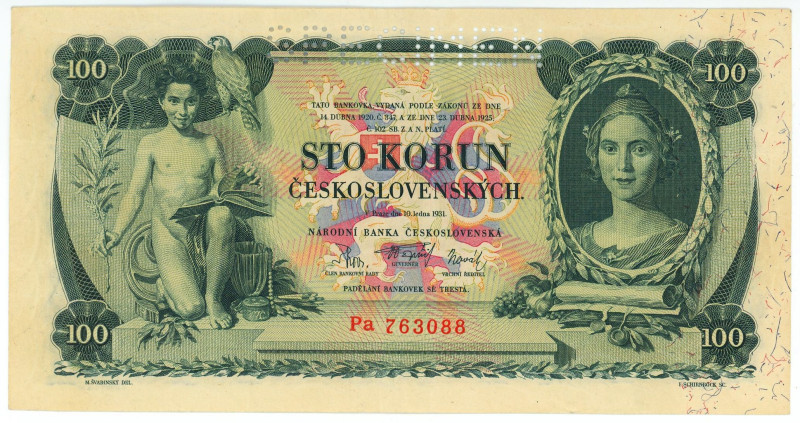 Czechoslovakia 100 Korun 1931 Specimen
P# 23s, N# 222208; # Pa 763088; VF