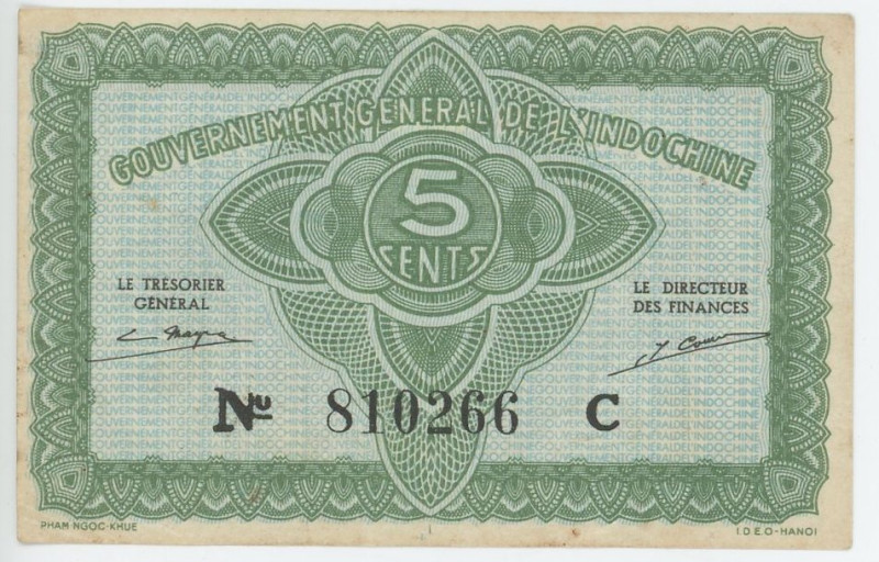 French Indochina 5 Cents 1942 (ND)
P# 88a, N# 201665; # C 810266; VF+/XF-